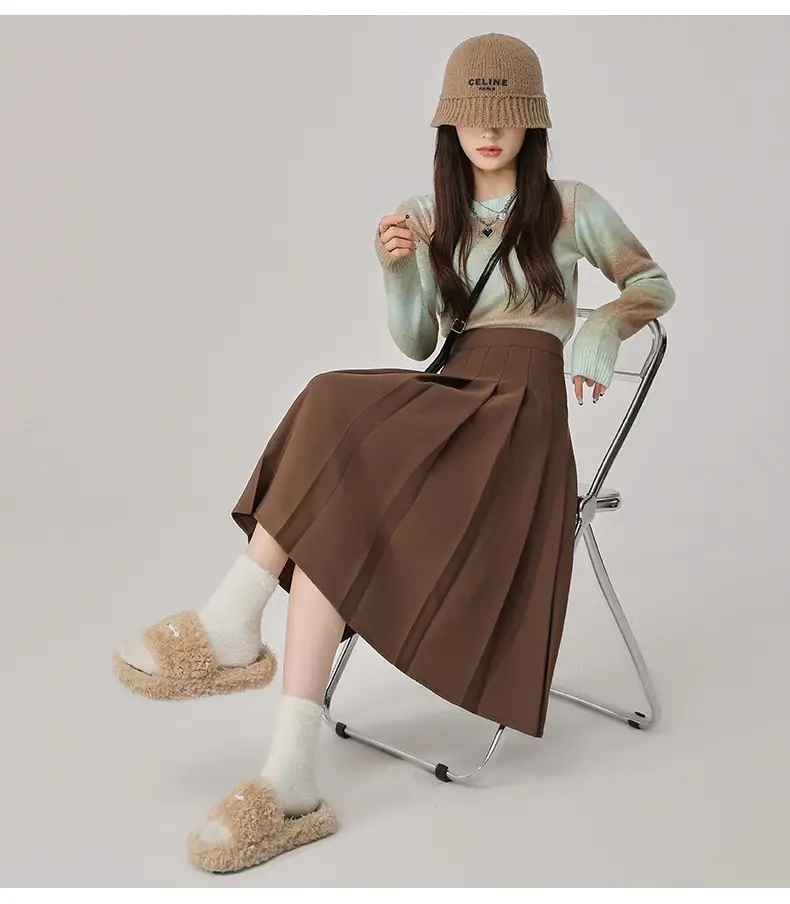 2025 Spring Pleated Skirt Set Brown Mid-Length — feature 17