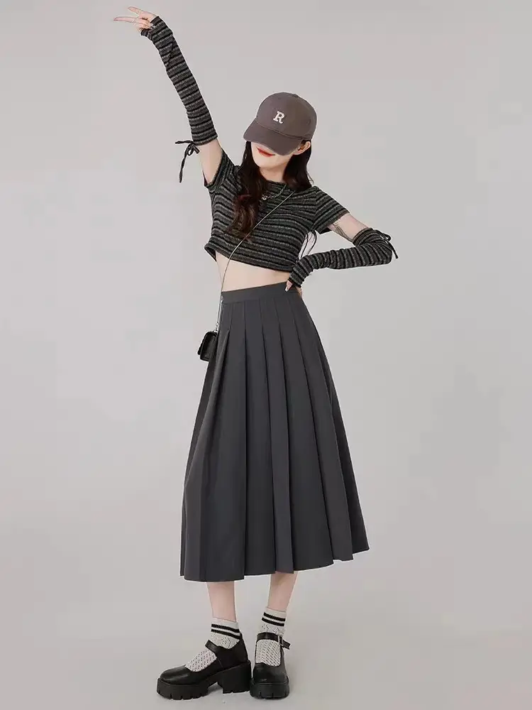 2025 Spring Pleated Skirt Set Brown Mid-Length - Image 2