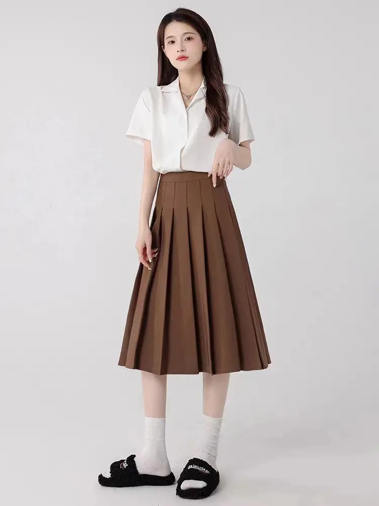 2025 Spring Pleated Skirt Set Brown Mid-Length - Image 3