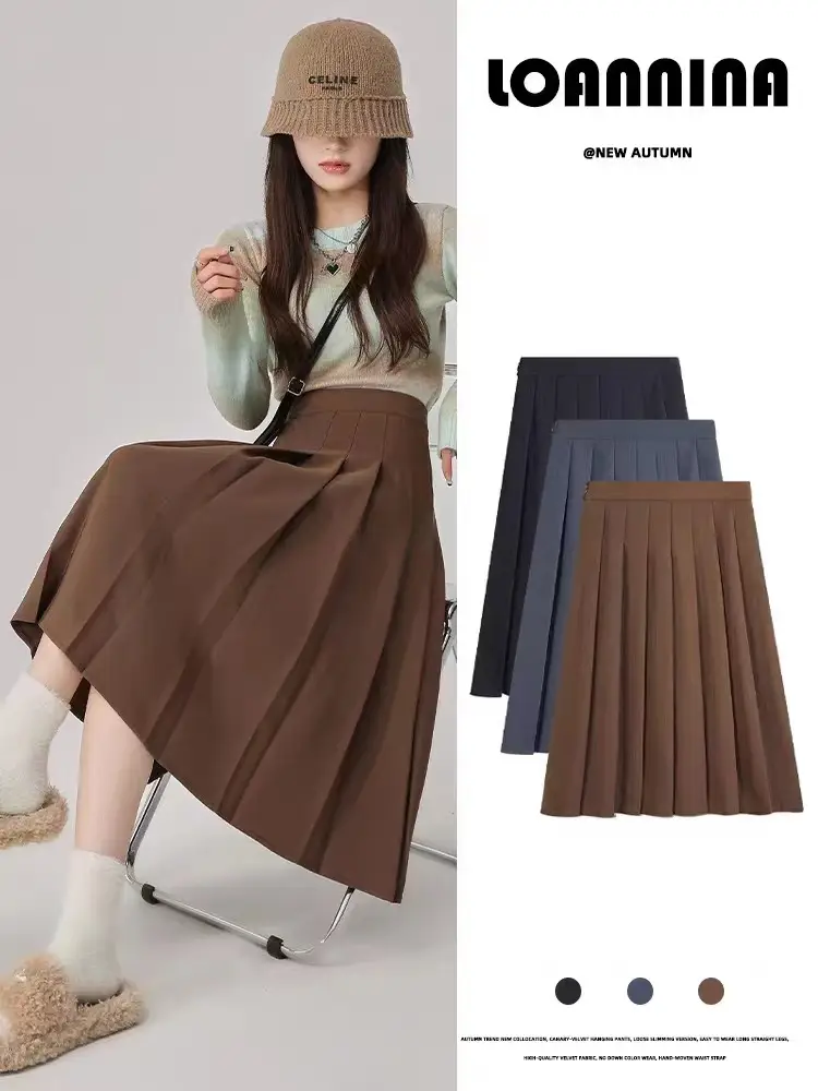 2025 Spring Pleated Skirt Set Brown Mid-Length - Image 6