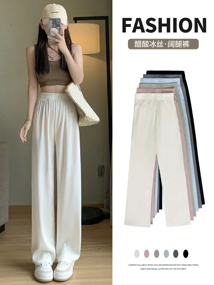Women Wide Leg Ice Silk Pants Summer Loose High Waist All Colors - Image 13