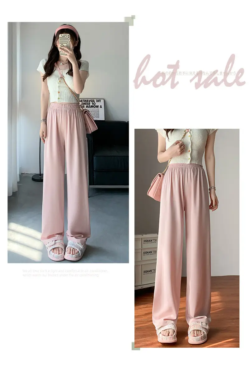 Women Wide Leg Ice Silk Pants Summer Loose High Waist All Colors — feature 17