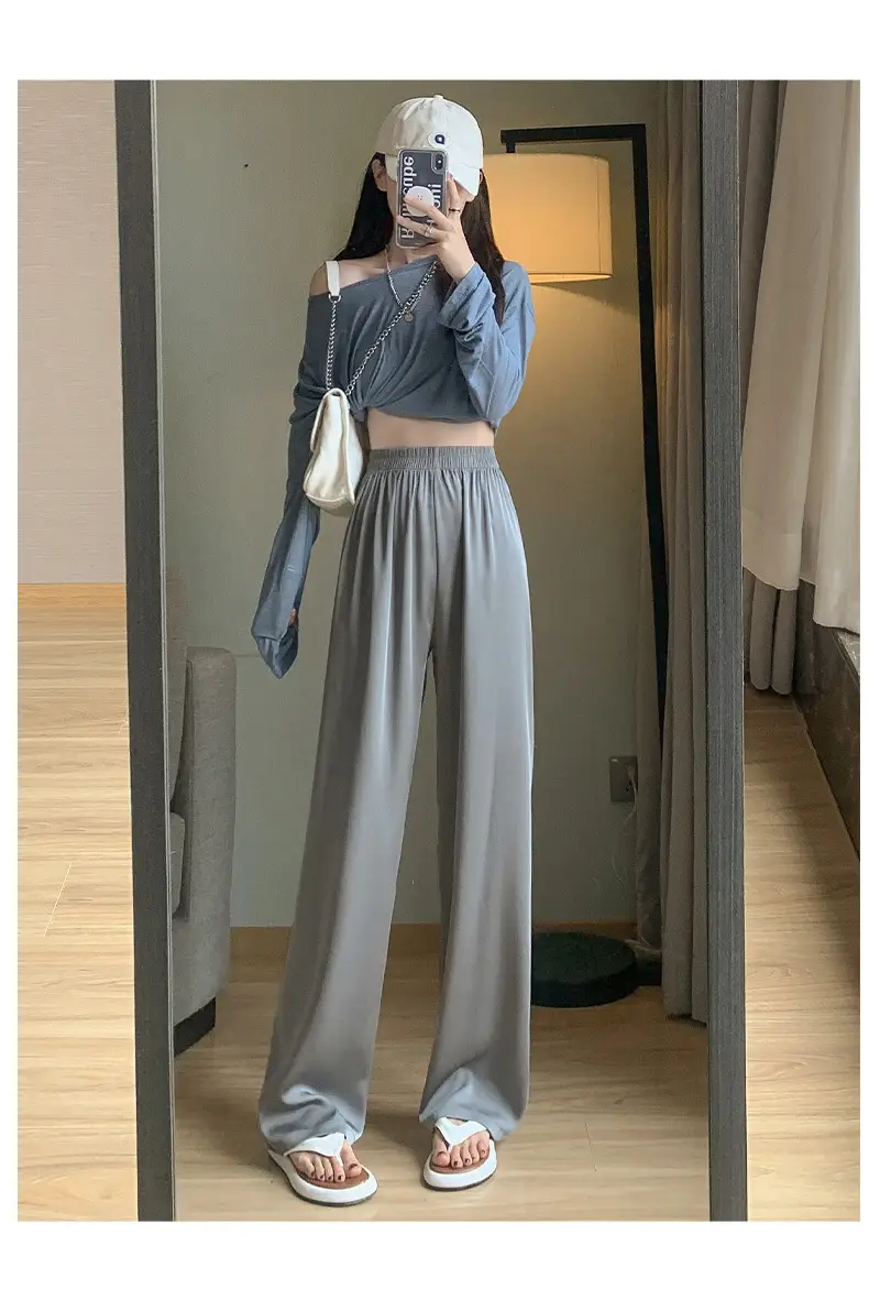 Women Wide Leg Ice Silk Pants Summer Loose High Waist All Colors — feature 25