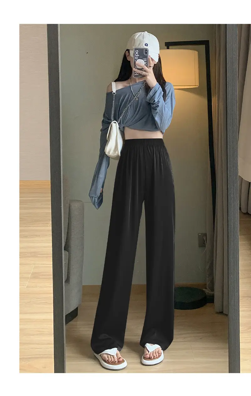 Women Wide Leg Ice Silk Pants Summer Loose High Waist All Colors — feature 26