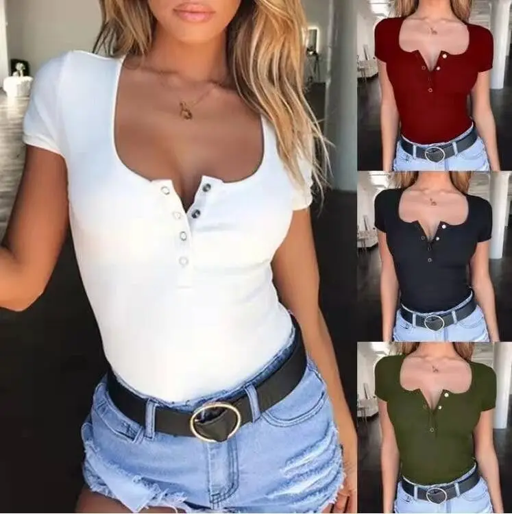 2023 New U-Neck Slim Fit T-Shirt Women White - Image 3