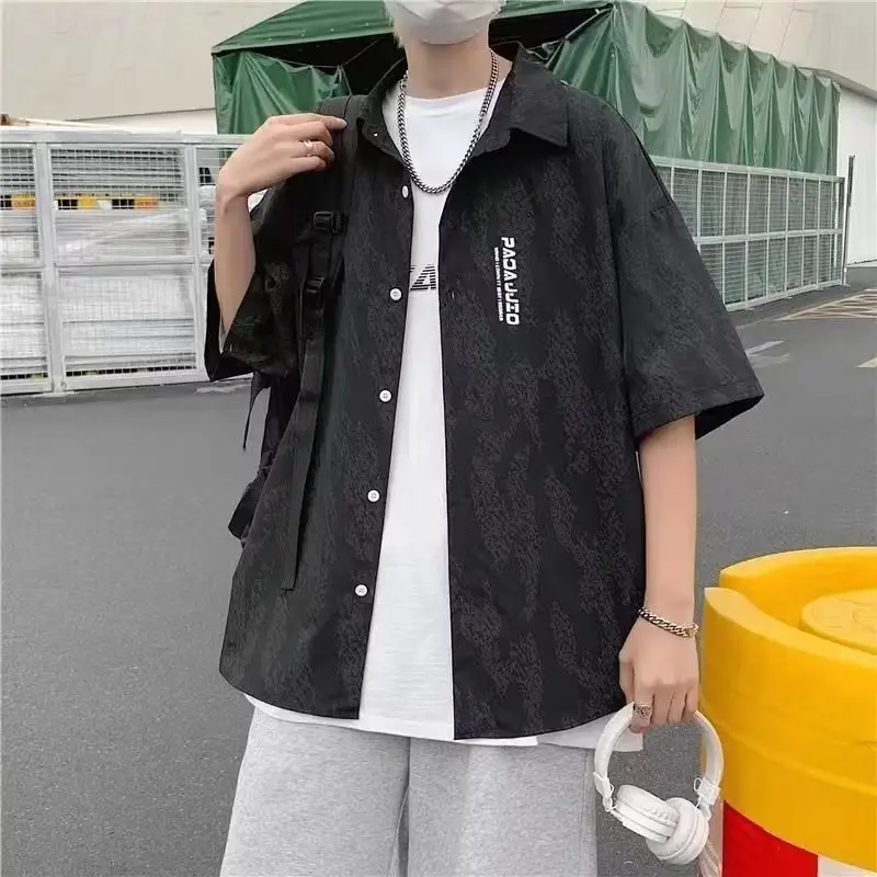 Men Black Short Sleeve Button Down Shirt - Image 5