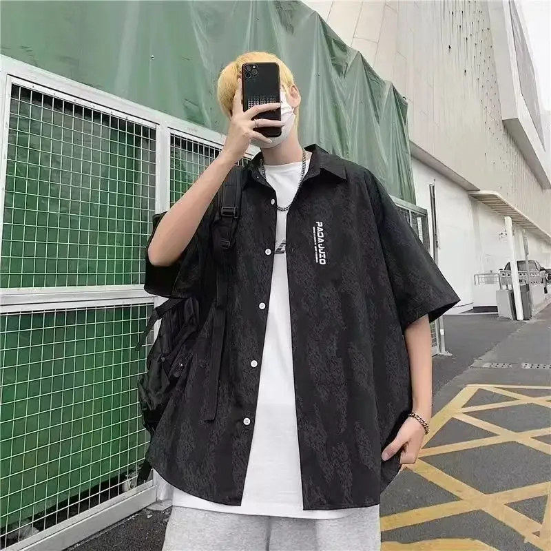 Men Black Short Sleeve Button Down Shirt - Image 6