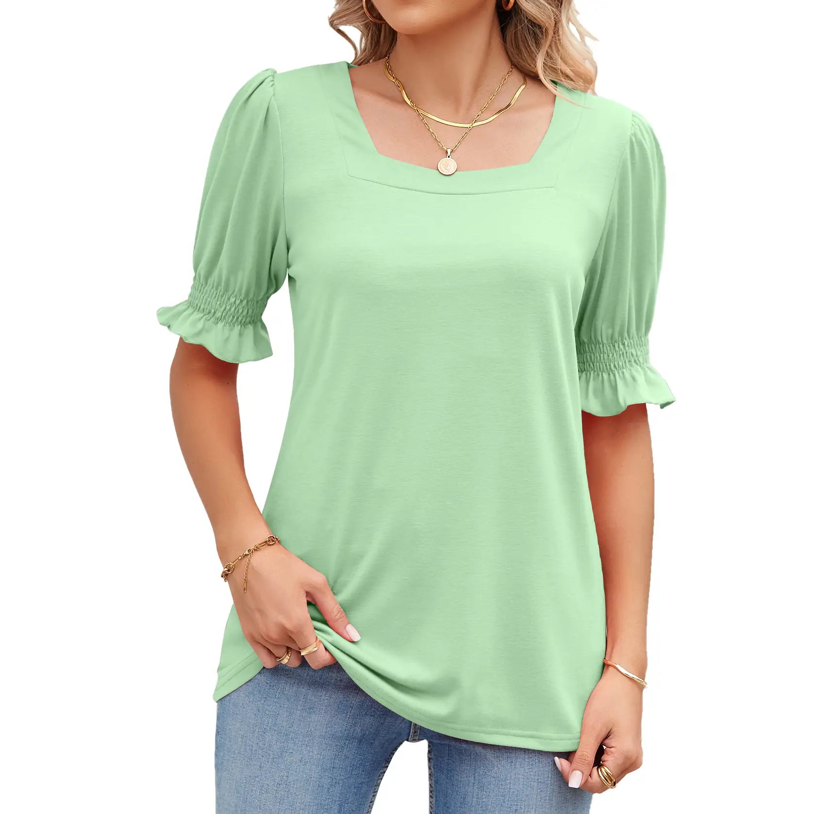 Women's Square Collar Princess Sleeve T-Shirt Summer Loose Fit - Image 6