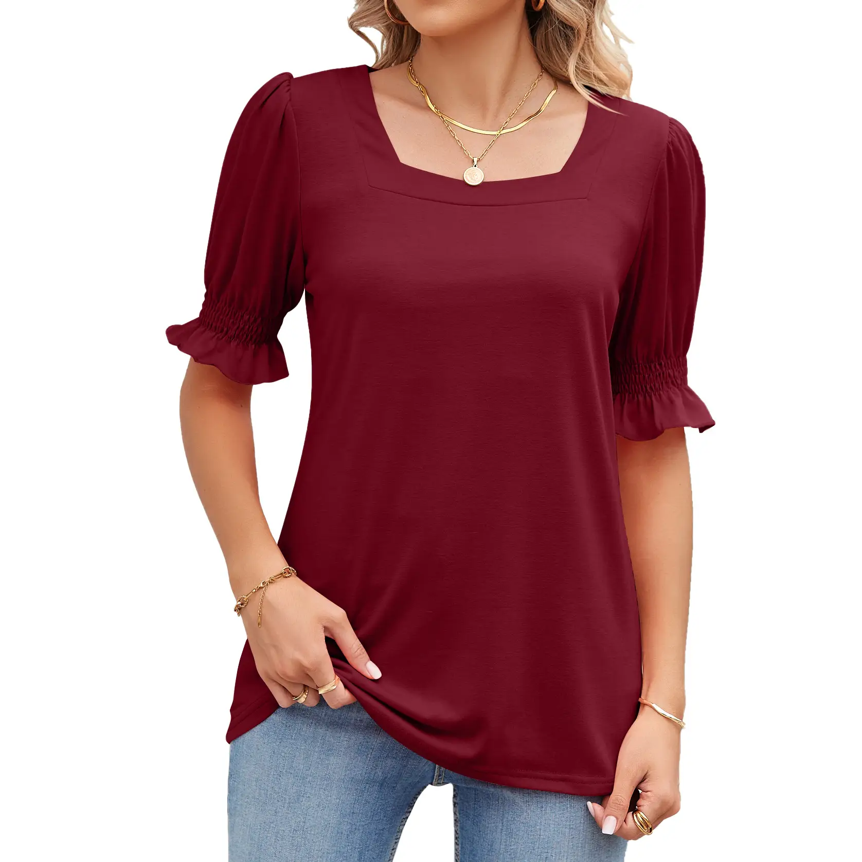 Women's Square Collar Princess Sleeve T-Shirt Summer Loose Fit - Image 5