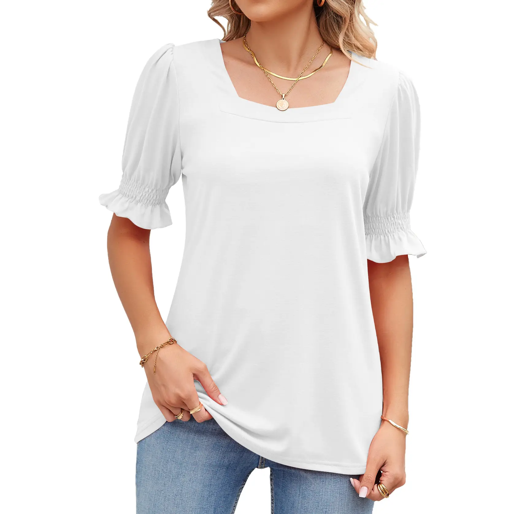 Women's Square Collar Princess Sleeve T-Shirt Summer Loose Fit - Image 2
