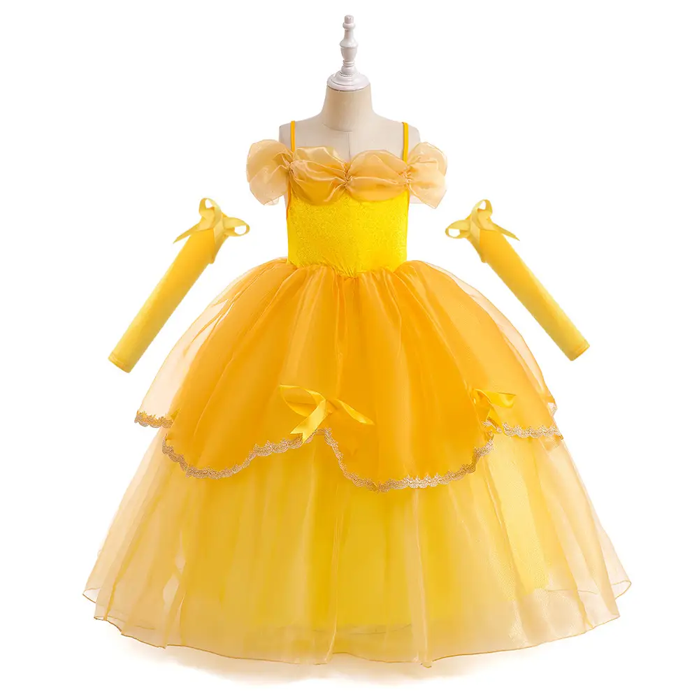 Girls Yellow Tulle Party Dress with Long Sleeves