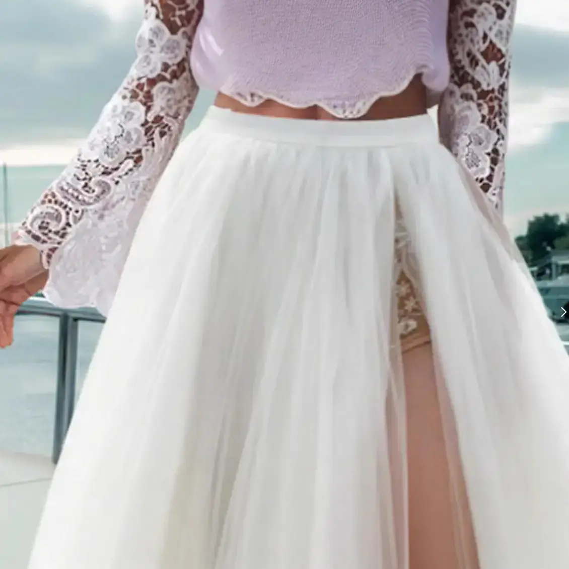 White Long High Waist Split Mesh Skirt for Women
