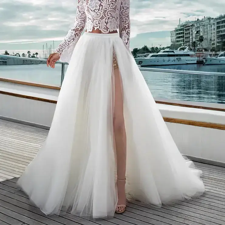 White Long High Waist Split Mesh Skirt for Women