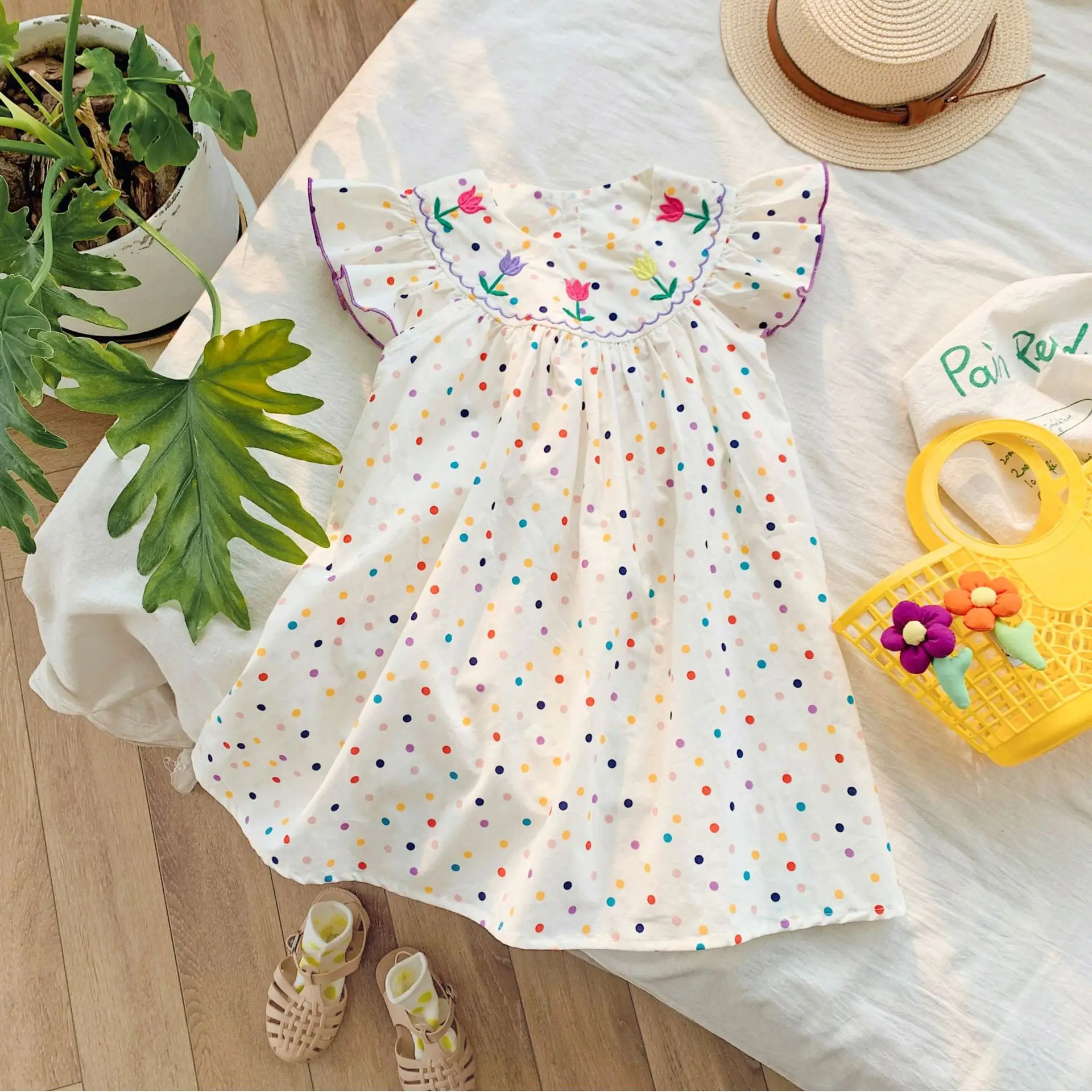 Korean Girls Dress 2025 Summer Flying Sleeves Polka Dot Tulip Embroidery - Image 3
