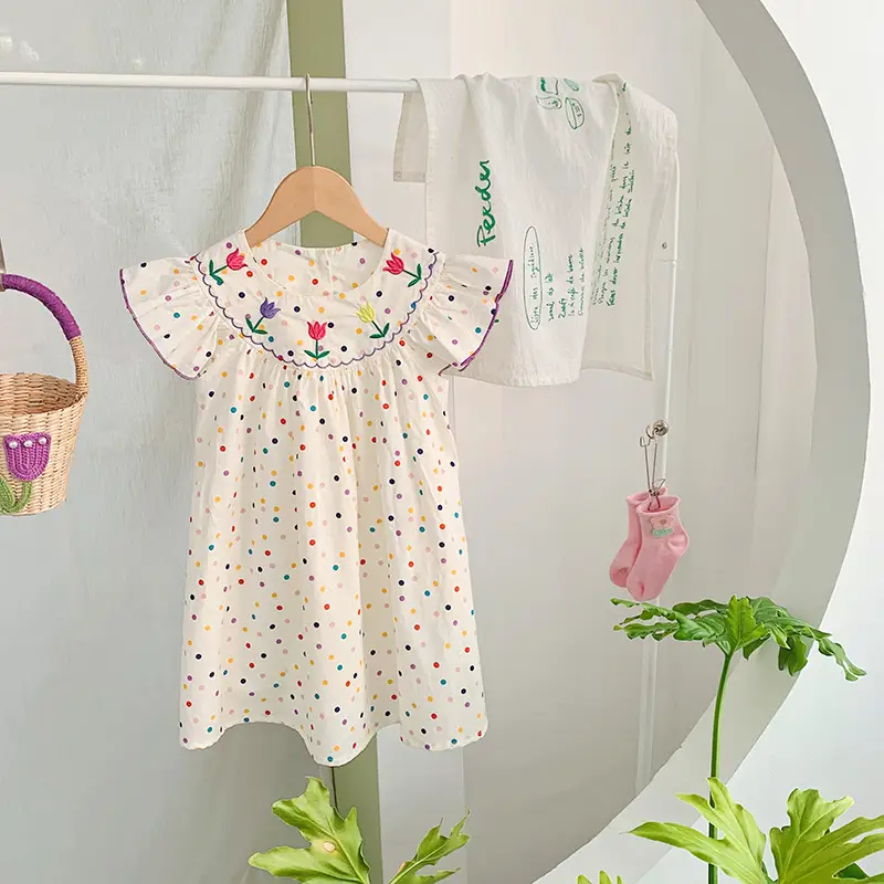 Korean Girls Dress 2025 Summer Flying Sleeves Polka Dot Tulip Embroidery - Image 4