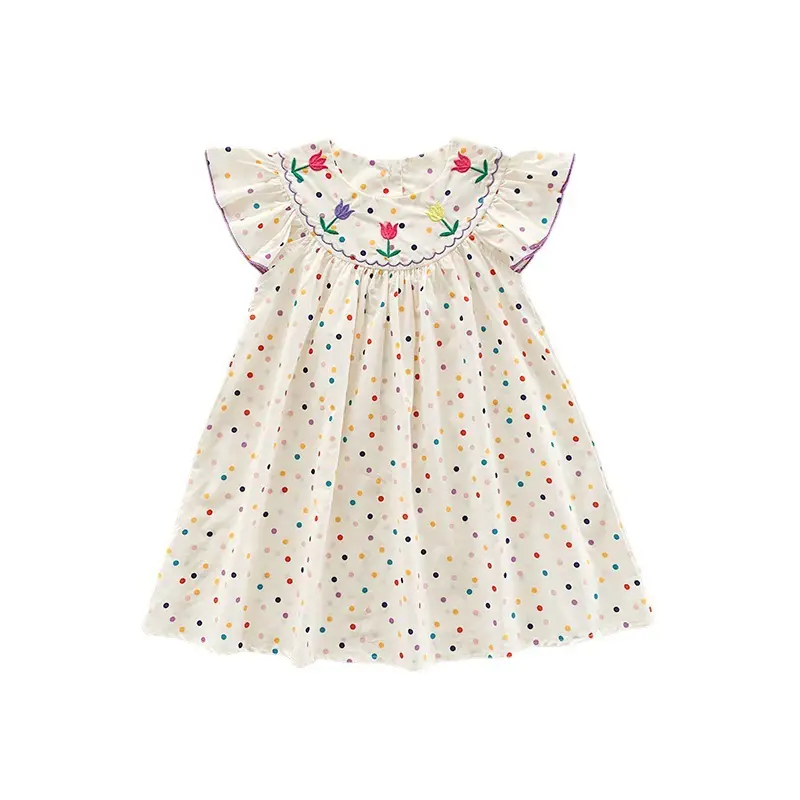 Korean Girls Dress 2025 Summer Flying Sleeves Polka Dot Tulip Embroidery - Image 6