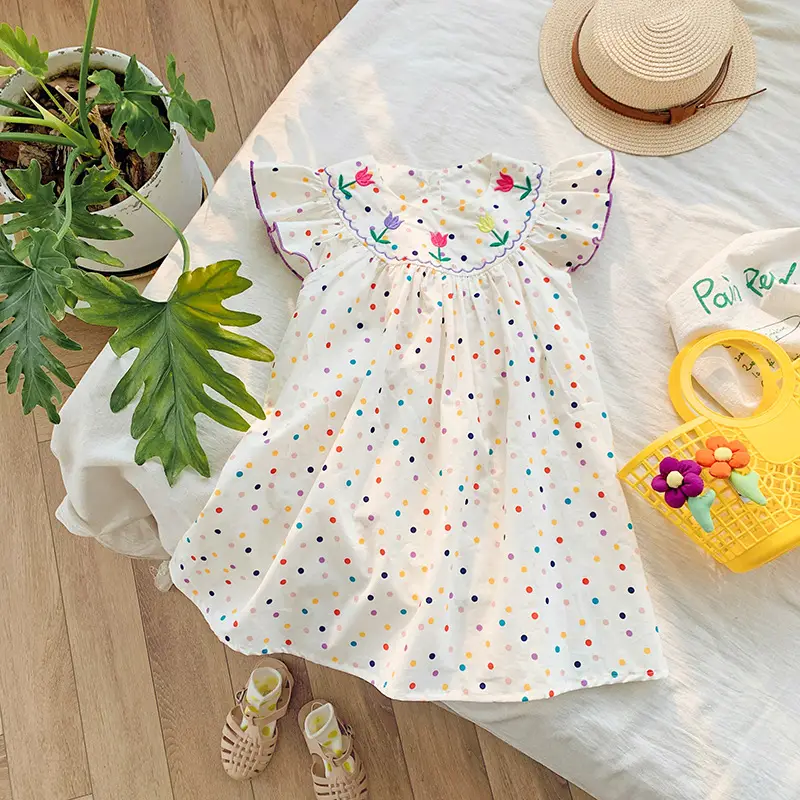 Korean Girls Dress 2025 Summer Flying Sleeves Polka Dot Tulip Embroidery — feature 1