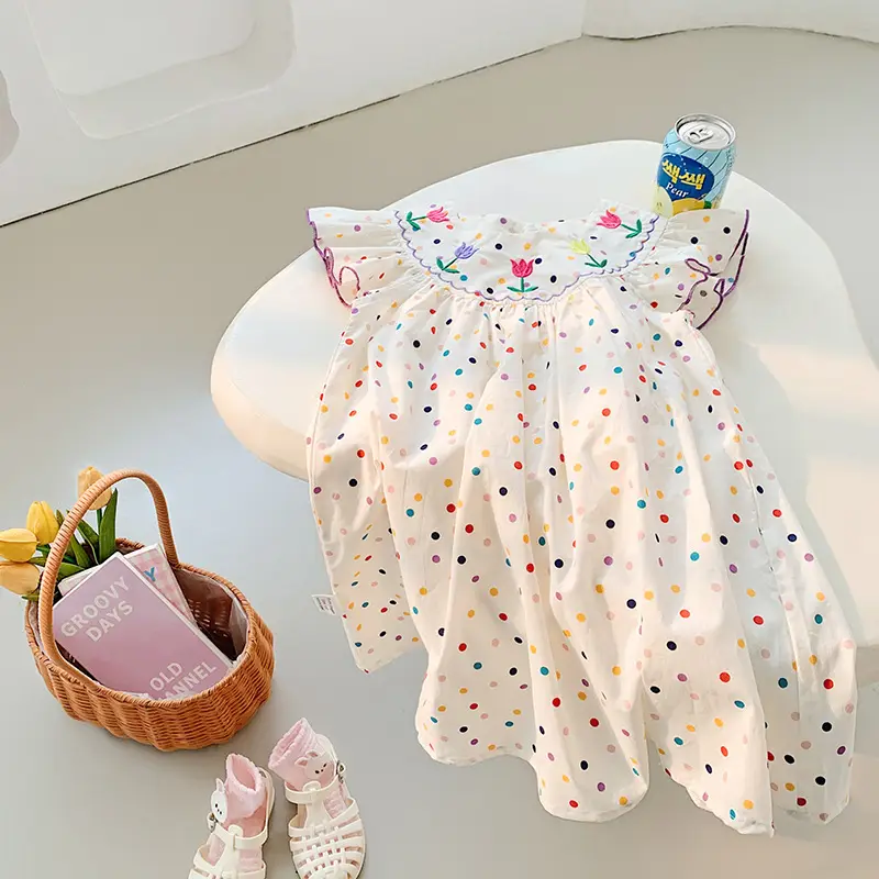 Korean Girls Dress 2025 Summer Flying Sleeves Polka Dot Tulip Embroidery — feature 10