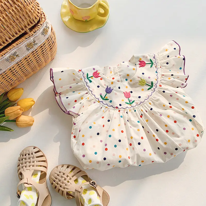 Korean Girls Dress 2025 Summer Flying Sleeves Polka Dot Tulip Embroidery — feature 11