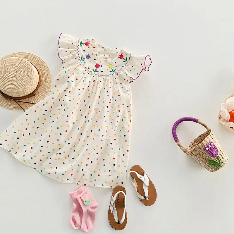 Korean Girls Dress 2025 Summer Flying Sleeves Polka Dot Tulip Embroidery — feature 12