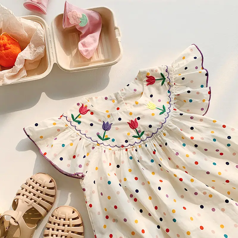 Korean Girls Dress 2025 Summer Flying Sleeves Polka Dot Tulip Embroidery — feature 3