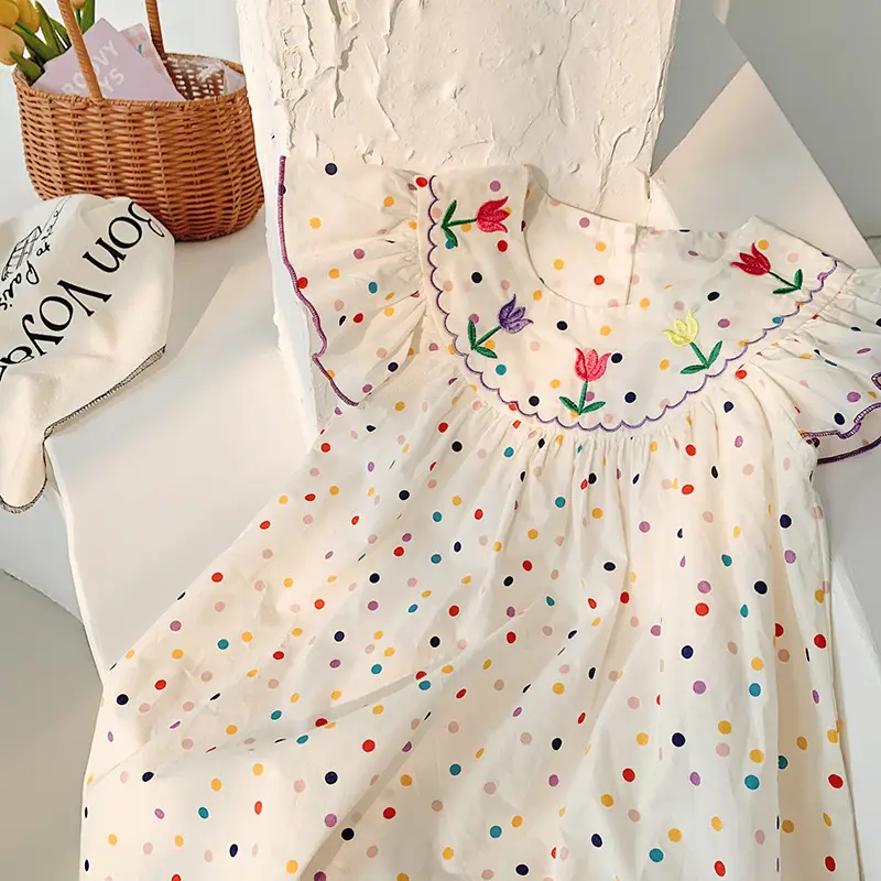 Korean Girls Dress 2025 Summer Flying Sleeves Polka Dot Tulip Embroidery — feature 7