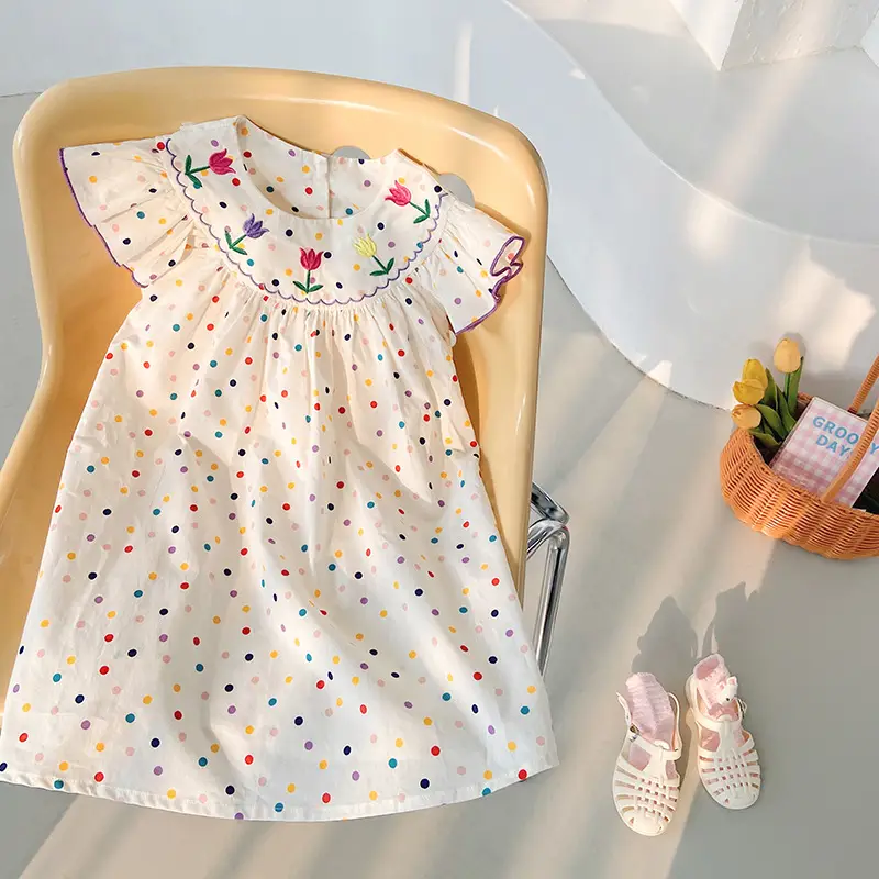 Korean Girls Dress 2025 Summer Flying Sleeves Polka Dot Tulip Embroidery — feature 8