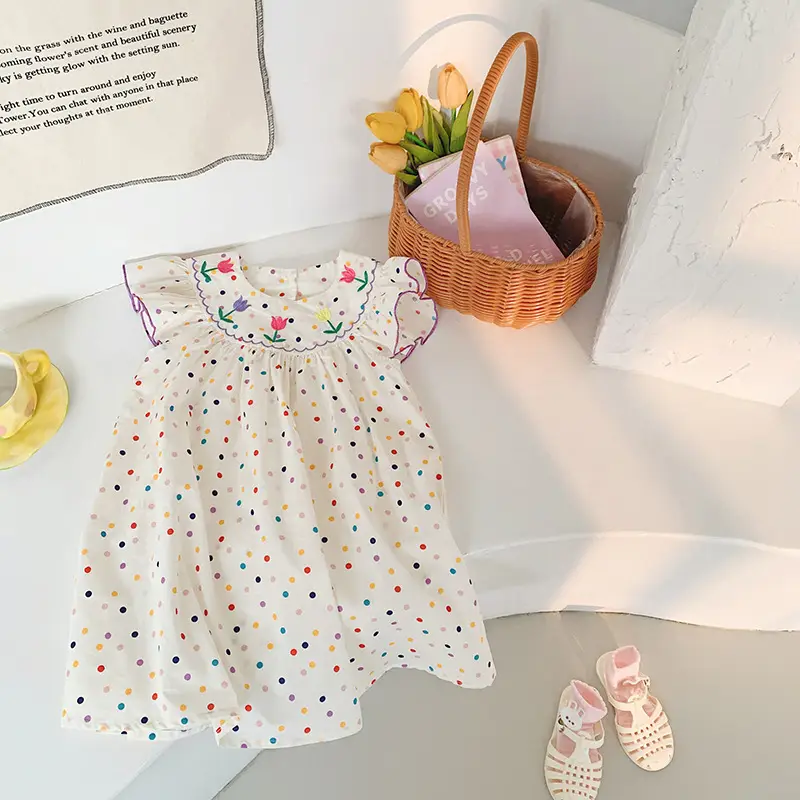 Korean Girls Dress 2025 Summer Flying Sleeves Polka Dot Tulip Embroidery — feature 9