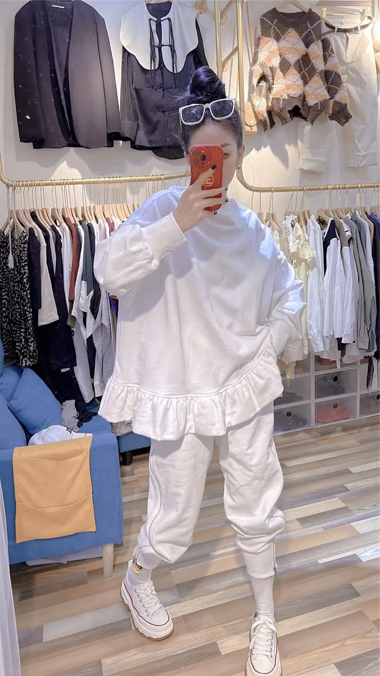 White Ruffled Sweatshirt Set for Women Plus Size Spring Autumn — feature 11