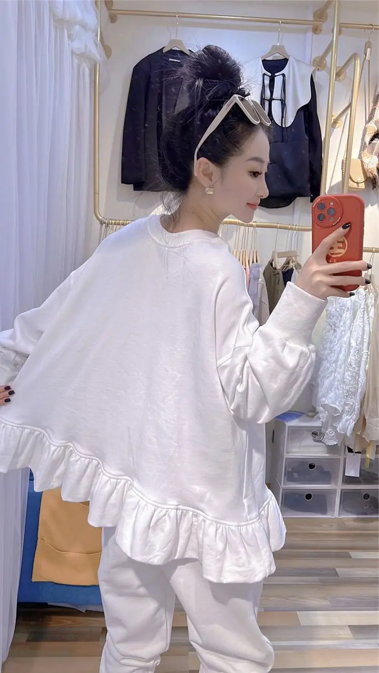White Ruffled Sweatshirt Set for Women Plus Size Spring Autumn — feature 12