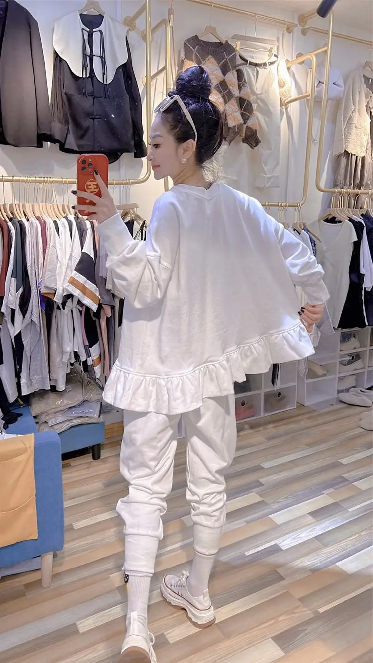 White Ruffled Sweatshirt Set for Women Plus Size Spring Autumn — feature 13