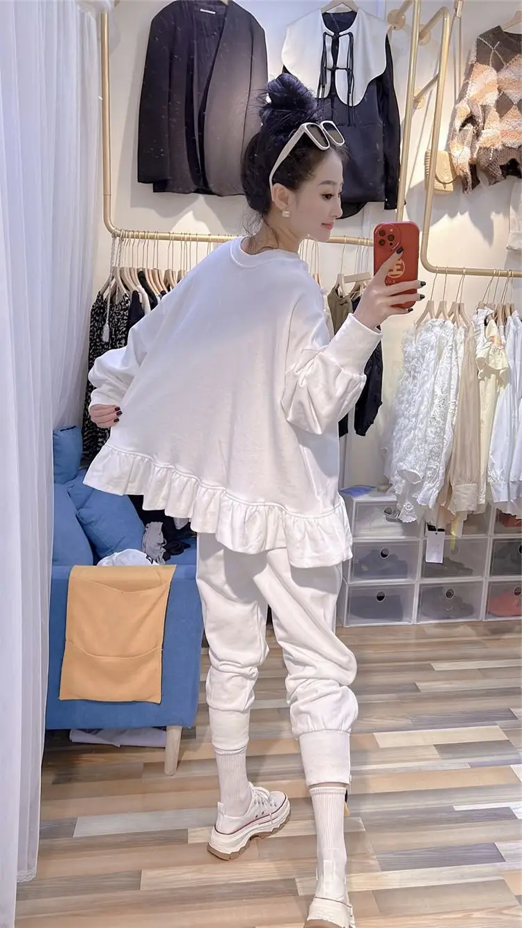 White Ruffled Sweatshirt Set for Women Plus Size Spring Autumn — feature 14