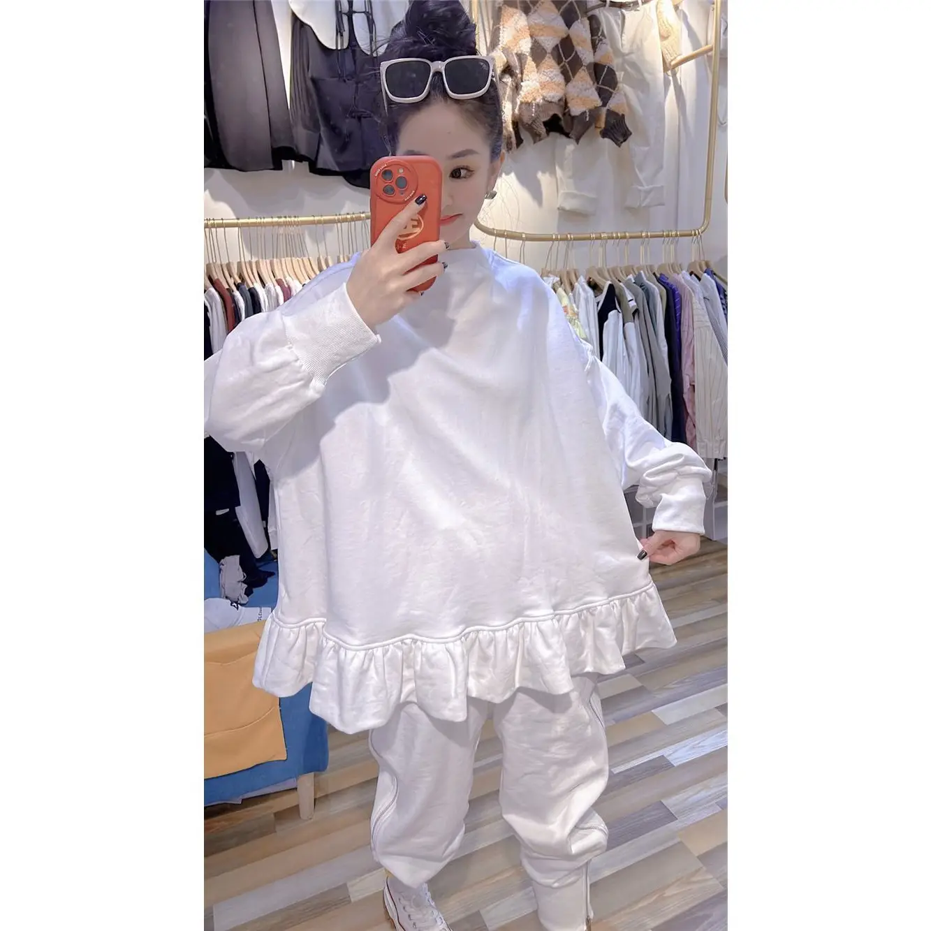 White Ruffled Sweatshirt Set for Women Plus Size Spring Autumn — feature 6