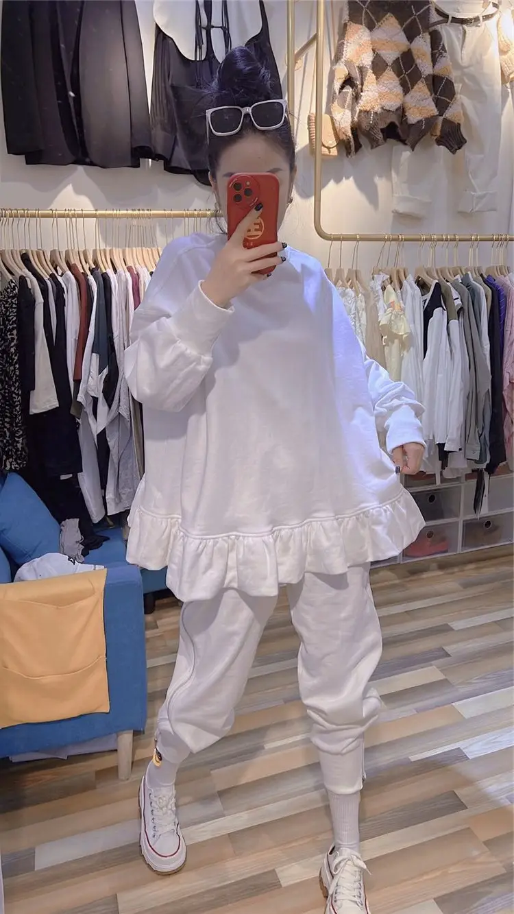 White Ruffled Sweatshirt Set for Women Plus Size Spring Autumn — feature 8