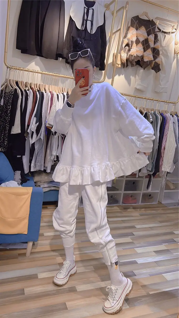 White Ruffled Sweatshirt Set for Women Plus Size Spring Autumn — feature 9