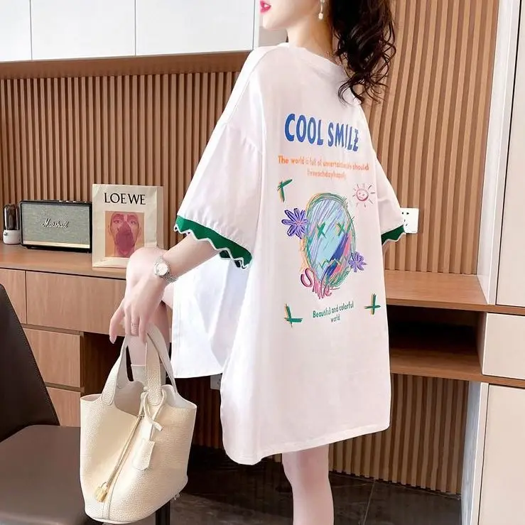 Women Cool Smile Printed T-Shirt Large Black Loose Sleeve - Image 3