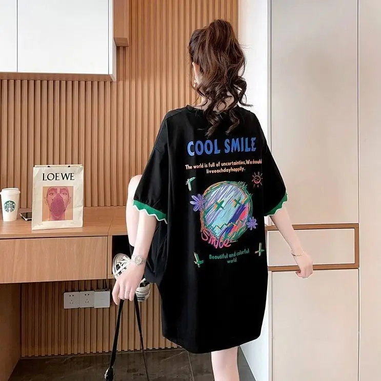 Women Cool Smile Printed T-Shirt Large Black Loose Sleeve - Image 4