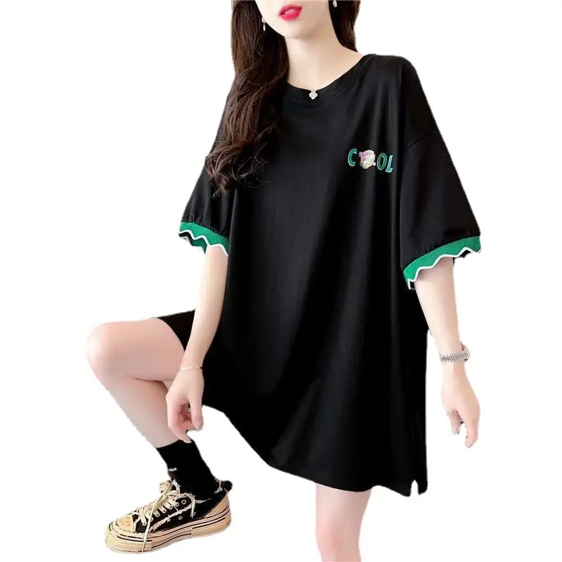 Women Cool Smile Printed T-Shirt Large Black Loose Sleeve - Image 7