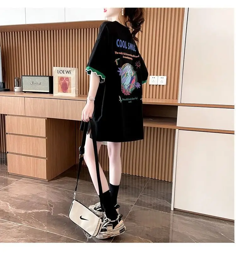 Women Cool Smile Printed T-Shirt Large Black Loose Sleeve — feature 12