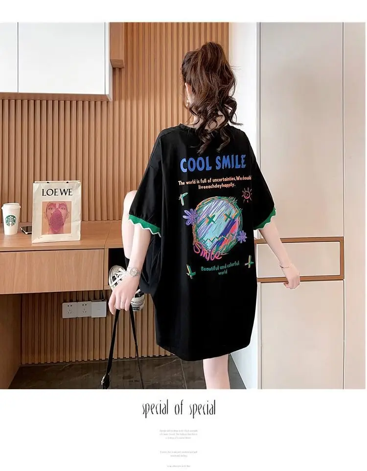 Women Cool Smile Printed T-Shirt Large Black Loose Sleeve — feature 13