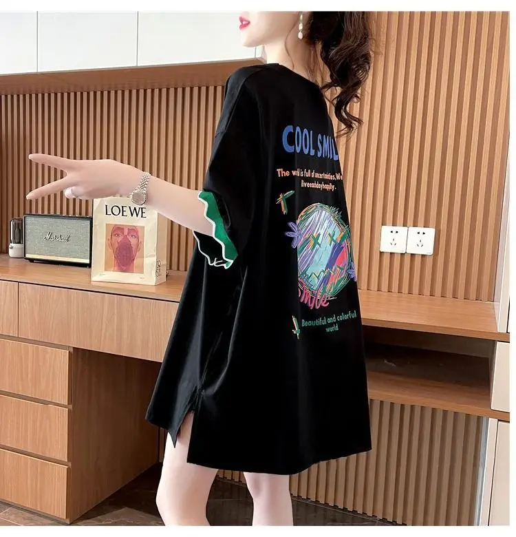 Women Cool Smile Printed T-Shirt Large Black Loose Sleeve — feature 14