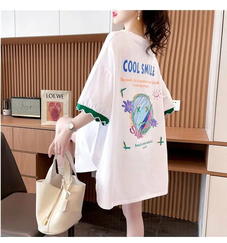 Women Cool Smile Printed T-Shirt Large Black Loose Sleeve — feature 7