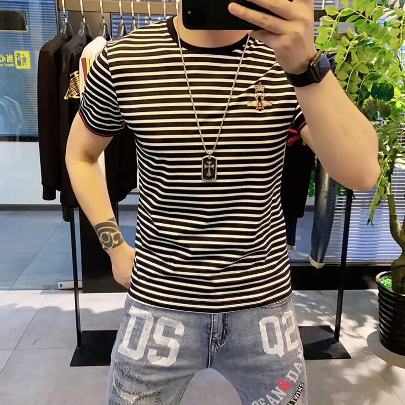 Men Striped Slim Fit T-Shirt Black White Instagram Brand - Image 3