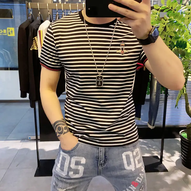 Men Striped Slim Fit T-Shirt Black White Instagram Brand - Image 5