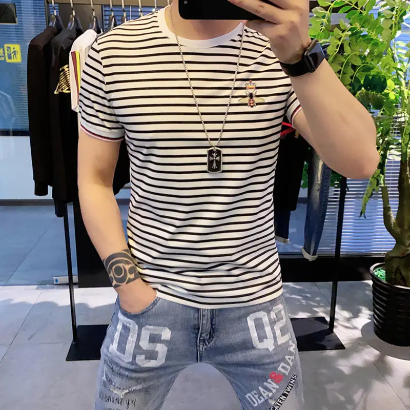 Men Striped Slim Fit T-Shirt Black White Instagram Brand - Image 6