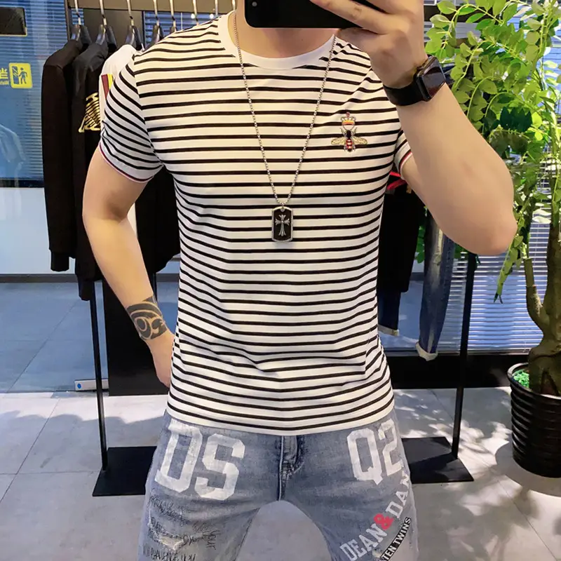Men Striped Slim Fit T-Shirt Black White Instagram Brand - Image 2
