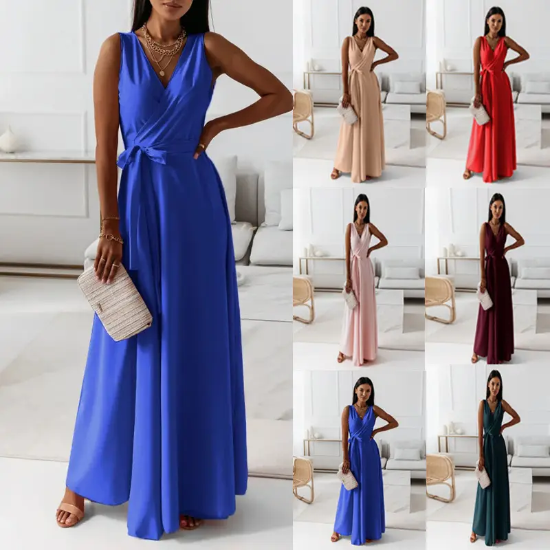 2025 Women's Maroon Long Skirt V Neck Dress - Image 20