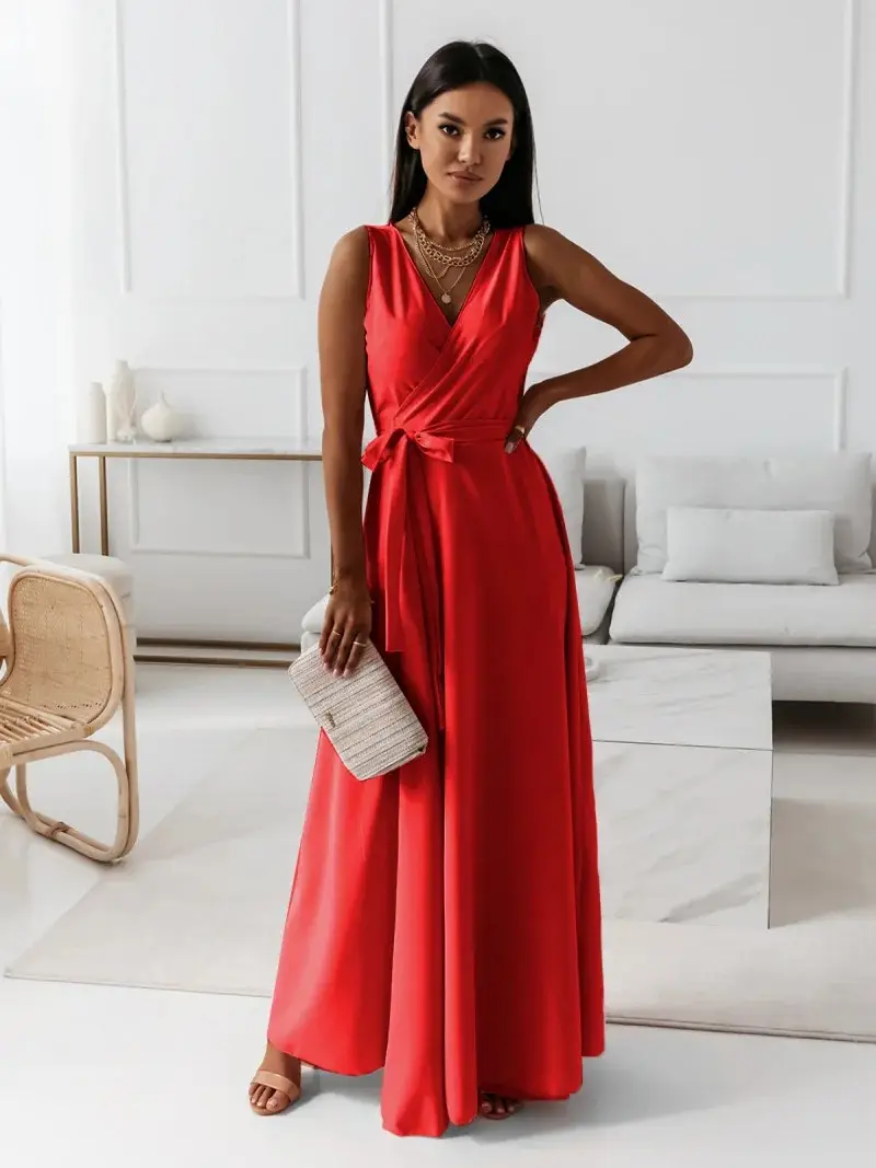 2025 Women's Maroon Long Skirt V Neck Dress - Image 12