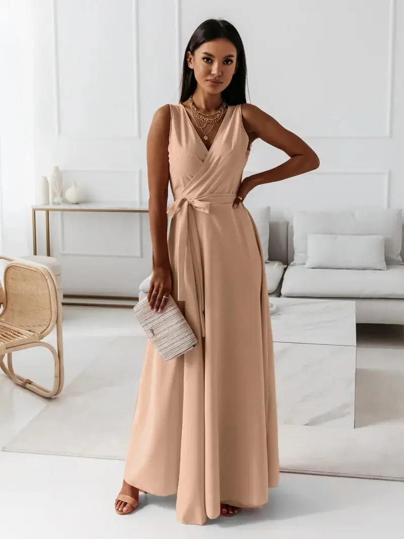 2025 Women's Maroon Long Skirt V Neck Dress - Image 13