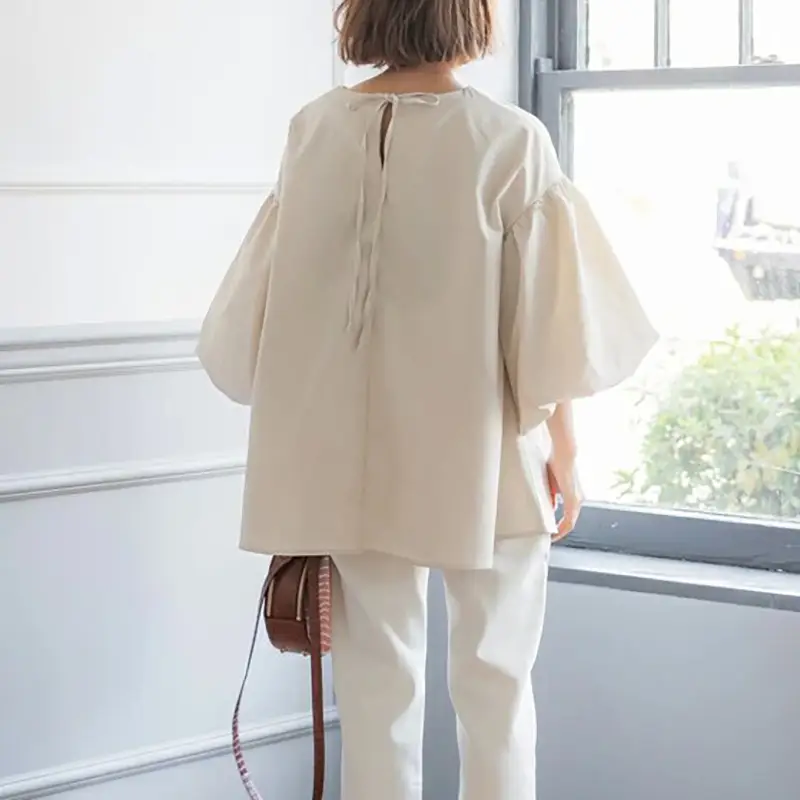 Lotte New Japanese Korean Summer Loose Large Women's Shirt Cotton Big Lantern Sleeve Round Neck Top Cross Border - Image 5